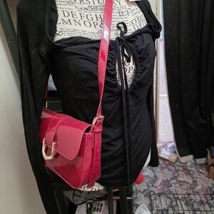 Forever 21 Black Bodysuit with Glossy Pink Bag